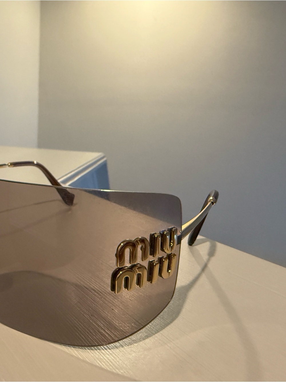 Miu Miu Gradient Pink Rimless Shield Sunglasses with Gold Logo